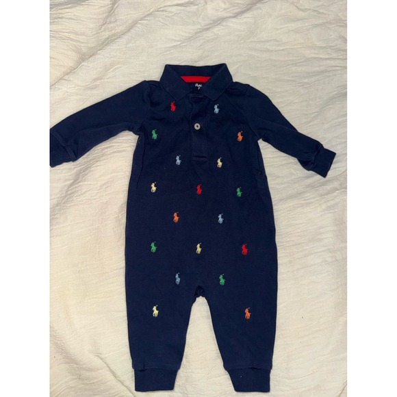 Ralph Lauren navy blue multicolored pony embroidery one piece long sleeve 6M - Picture 1 of 7